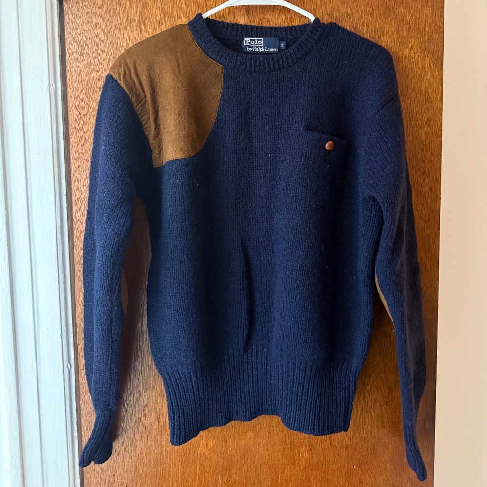 Polo by Ralph Lauren Navy Crewneck Sweater with Brown Shoulder Patch
